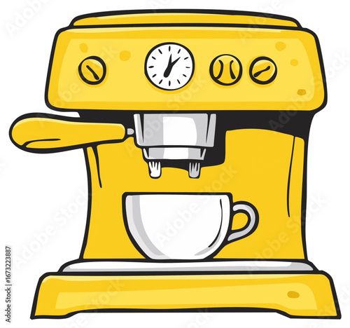 Cartoon Yellow Espresso Machine with Dial, Cup, Portafilter, and Buttons
