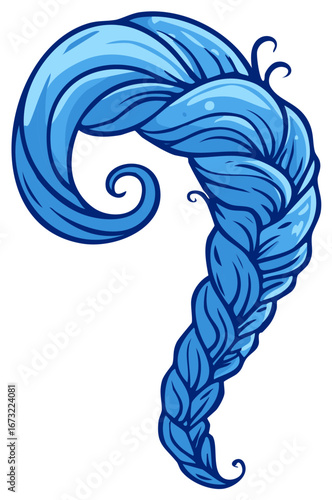 Braided blue hair illustration, fantasy hair, cartoon style, isolated