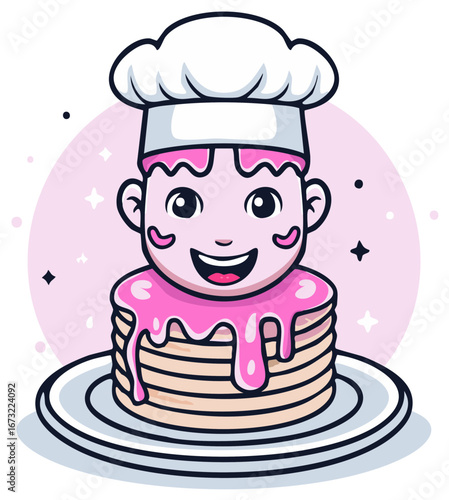 Smiling happy chef character on a stack of pancakes with pink icing