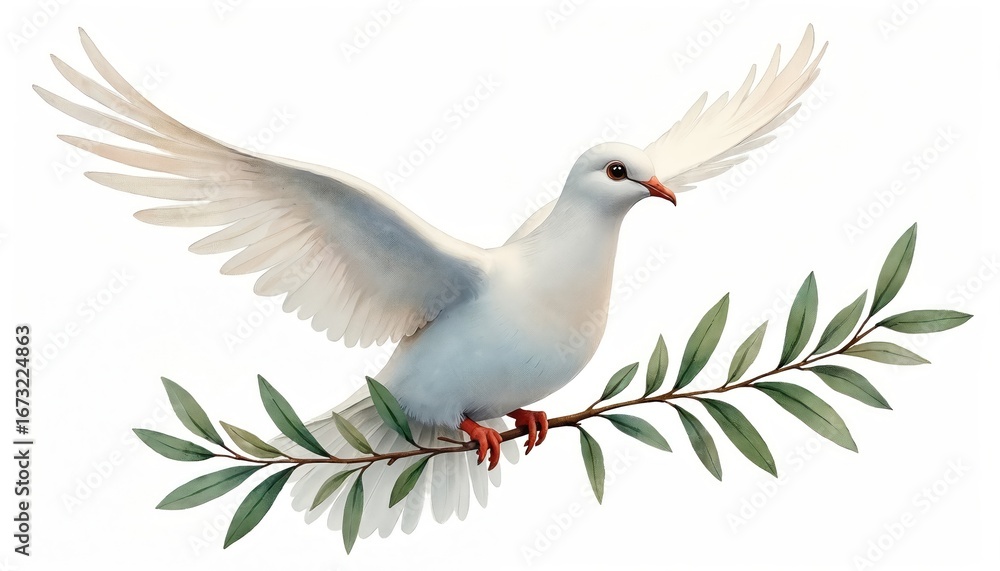 Fototapeta premium Watercolor illustration of white dove with outstretched wings perched on olive branch. Classic symbol of peace depicted against clean white background. Artwork conveys hope, serenity, new beginnings,