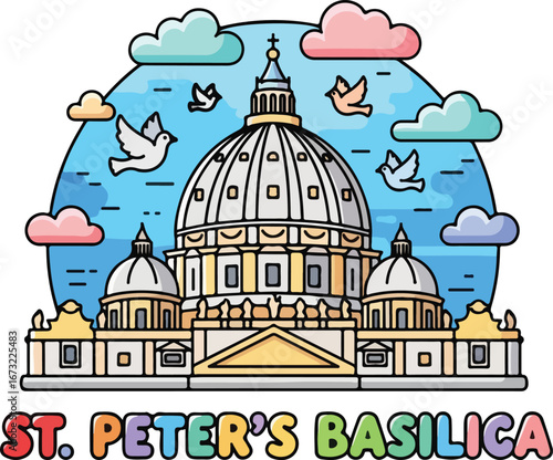 Colorful Cartoon Illustration of St Peters Basilica with Doves.