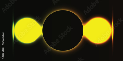 Glowing abstract, circle, eclipse, background, and light design with a luminous yellow sphere. Futuristic digital art for modern visuals and decoration.
