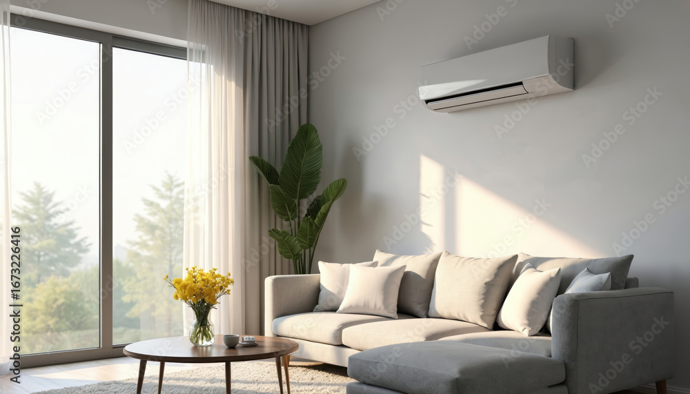 Naklejka premium Modern living room features sleek white air conditioning unit mounted on wall. Natural light streams through large window with sheer curtains, illuminating comfortable sofa, coffee table. Large plant