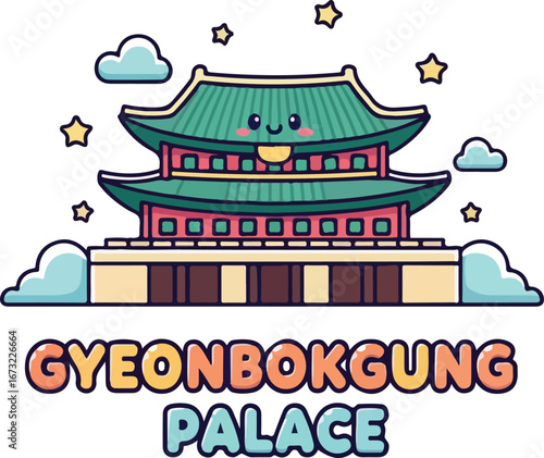 Cute Cartoon Gyeongbokgung Palace Korean Landmark Kawaii Style.