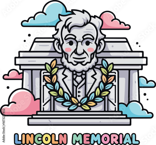 Cartoon Lincoln Memorial with Colorful Clouds and Wreath Patriotic Icon.