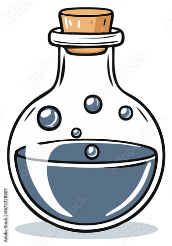 Cartoon bottle of potion with bubbles. Vector illustration isolated