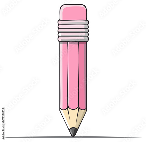 A single pink pencil with a rubber eraser and sharpened graphite point in a clean cartoon style illustration