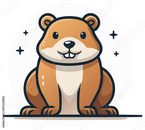 Cute cartoon gopher mascot with buck teeth sitting and smiling. Adorable rodent character vector illustration.