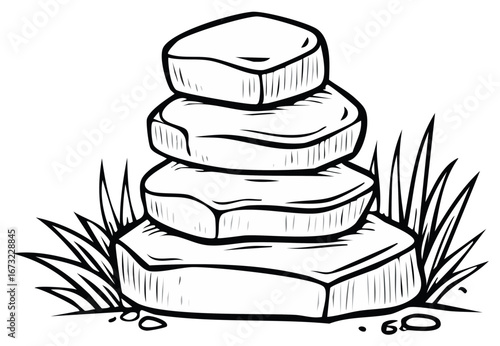 Stacked stones and blades of grass, black and white line art illustration