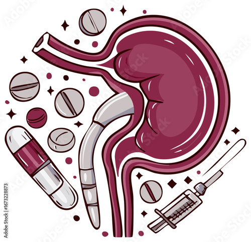 Human kidney with stent medical treatment illustration surrounded by pills capsules syringe healthcare urology