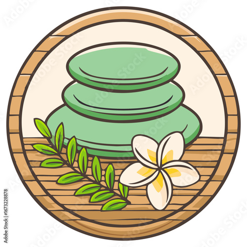 Spa concept illustration with massage stones, flower, and leaves