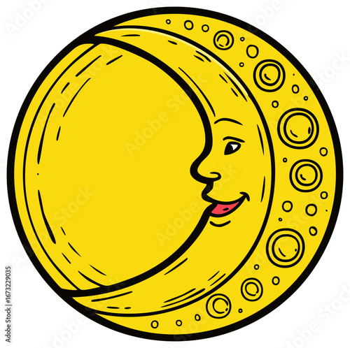 Crescent Moon Character Illustration with Face, Celestial Symbol, Yellow Color