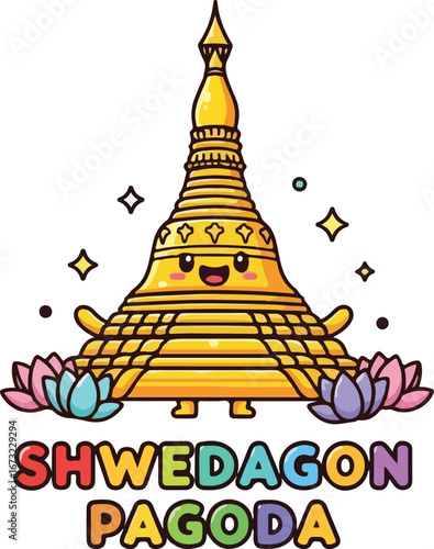 Kawaii Shwedagon Pagoda Illustration with Lotus Flowers and Sparkling Stars.