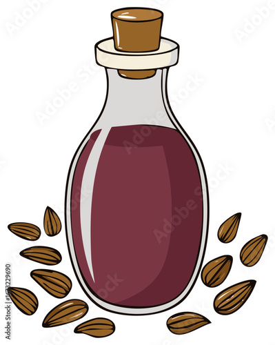 Illustration of almond oil in a bottle with almonds, beauty and wellness, alternative medicine, natural remedy, oil extraction
