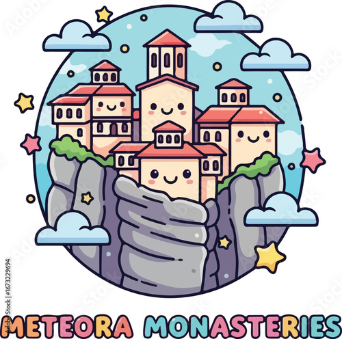 Whimsical Meteora Monasteries: A Cute Cartoon Illustration of Iconic Greek Clifftop Monasteries.