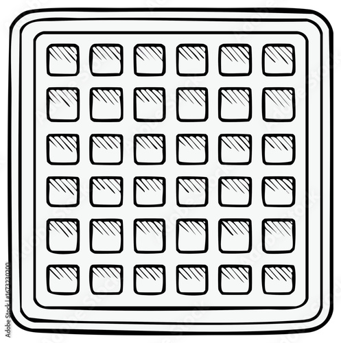 Hand drawn waffle with square pockets and crosshatch texture in outline style