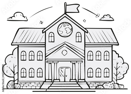 Hand Drawn School Building with World Clock Surrounded by Clouds and Stars in Grayscale
