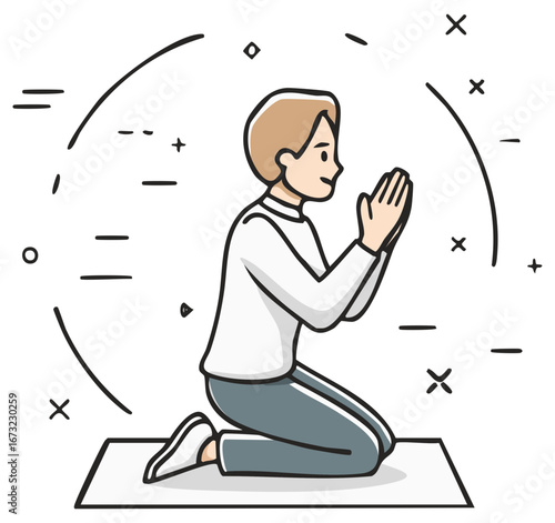 Illustration of a person kneeling in prayer with hands clasped in supplication