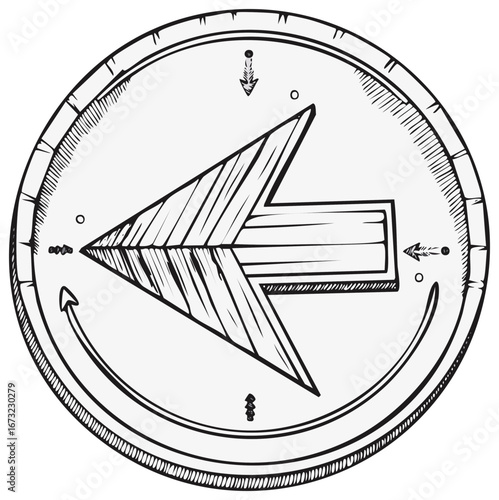 Hand-Drawn Arrow Inside Coin Circle with Directional Marks, Left Guidance Graphic