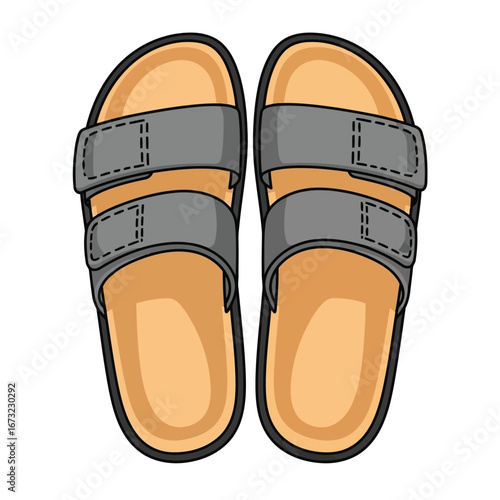Vector illustration of a pair of comfortable grey sandals with two adjustable straps, ideal for casual wear and summer days