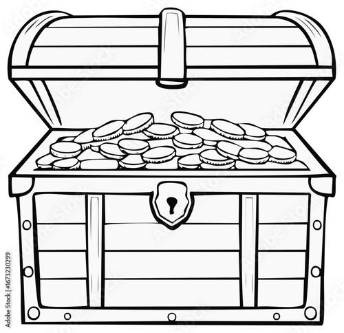 Open treasure chest overflowing with gold coins and riches illustration with a lock