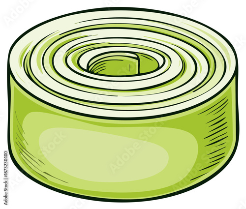 Cartoon illustration of a leek cut in a cylinder shape, revealing concentric layers of green and white in detailed close up