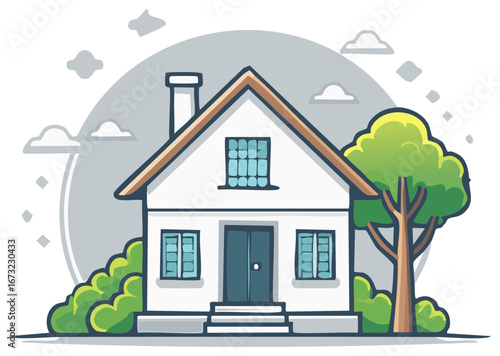 Illustration of a two-story home surrounded by trees and shrubbery with a simple roof and chimney design set against a grey circular background