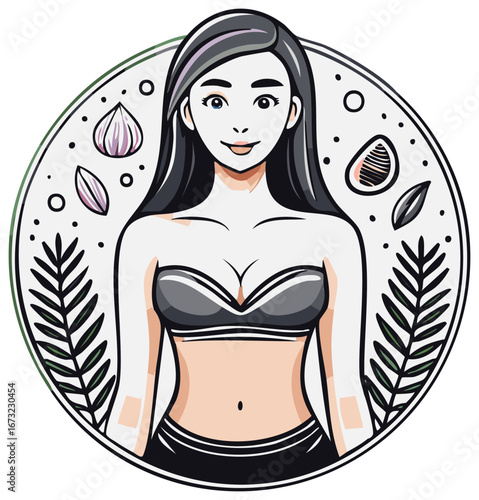 Illustration of a slender woman with black hair and a healthy lifestyle surrounded by botanical elements