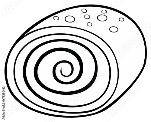 Black and white line art illustration of a spiral dessert roll with dots, a sweet pastry treat