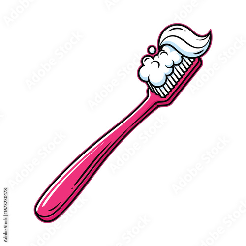 Vector illustration of pink toothbrush with toothpaste foam and bubbles