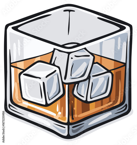 Whiskey Glass with Ice Cubes Vector Graphic Illustration for Spirits or Drinks