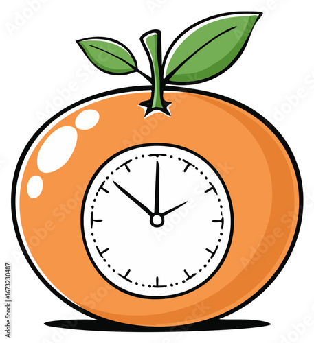 Whimsical orange clock with green leaves representing time and freshness