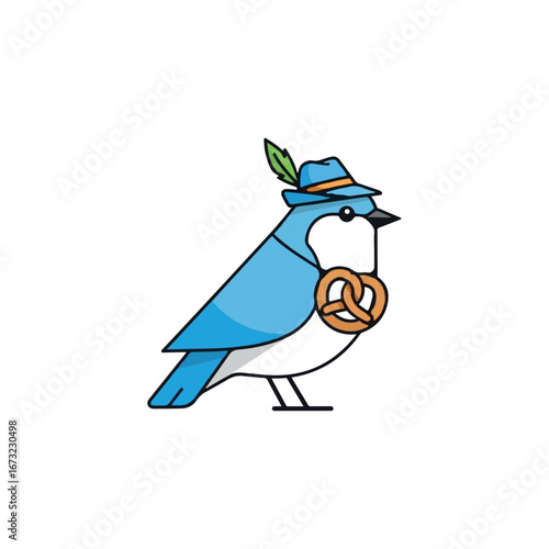 Adorable blue bird mascot dressed in a Bavarian festival hat, holding a classic German pretzel. Isolated vector illustration