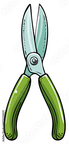 Gardening shear illustration green handles open blades
