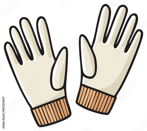 Simple cartoon illustration of a pair of warm off-white gloves with ribbed cuffs