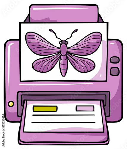 Purple printer with a butterfly image on the paper in a cartoon style illustration.