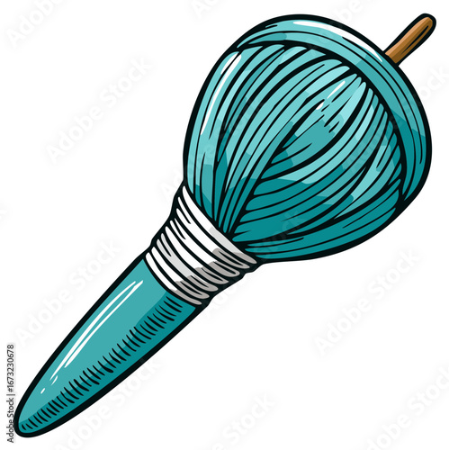 Hand drawn illustration of teal thread on a wooden spindle