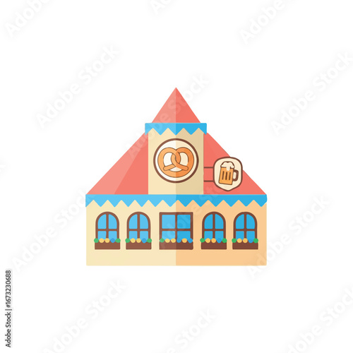 Cartoon of a German-style beer hall with a pretzel and beer mug logo