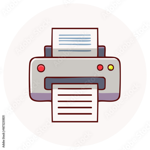 Simple cartoon printer icon illustration printing a paper document for office work or business