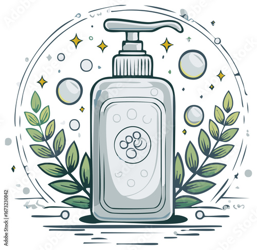 Vector Illustration of a Hand Soap Bottle with Leaves and Stars for Spa and Hygiene Products
