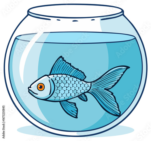 Cartoon fish swimming in a round glass fish bowl