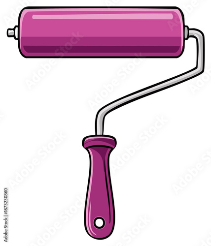 Vivid magenta paint roller with handle isolated on white for artistic and home renovation design themes
