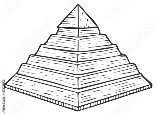 Traditional hand drawn black and white illustration of a classic stepped ancient pyramid structure