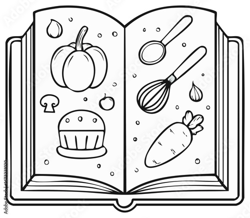 Open Cookbook with Kitchen Utensils and Fresh Food Ingredients Outline Drawing
