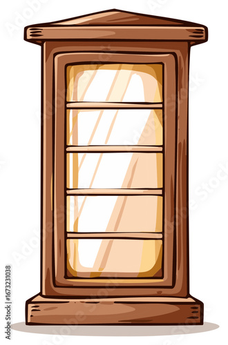 Wooden display cabinet with glass front and multiple empty shelves illustration