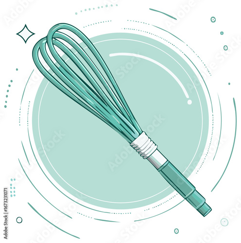Illustration of a pastel blue whisk with decorative swirling lines for cooking and food preparation content