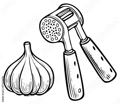 Simple Black and White Line Art Depiction of Garlic Bulb Next to Metal Garlic Press for Culinary Use