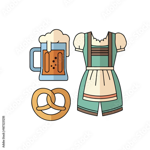 A collection of German festival icons featuring a traditional dirndl dress, a frothy beer mug, and a classic pretzel