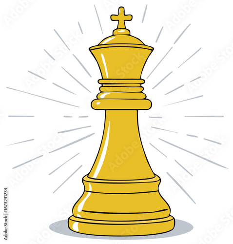 Golden chess king piece with radiating lines vector illustration