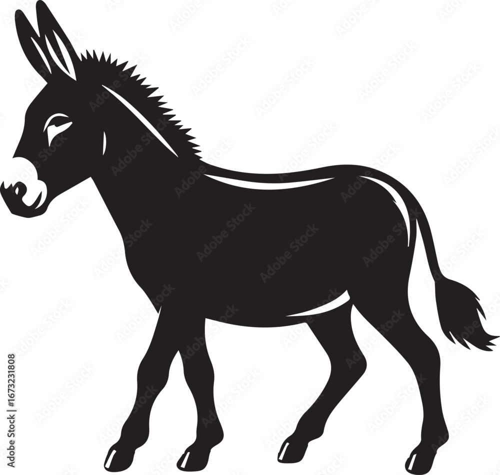 Fototapeta premium Black Silhouette Donkey Vector Illustration Isolated on White Background